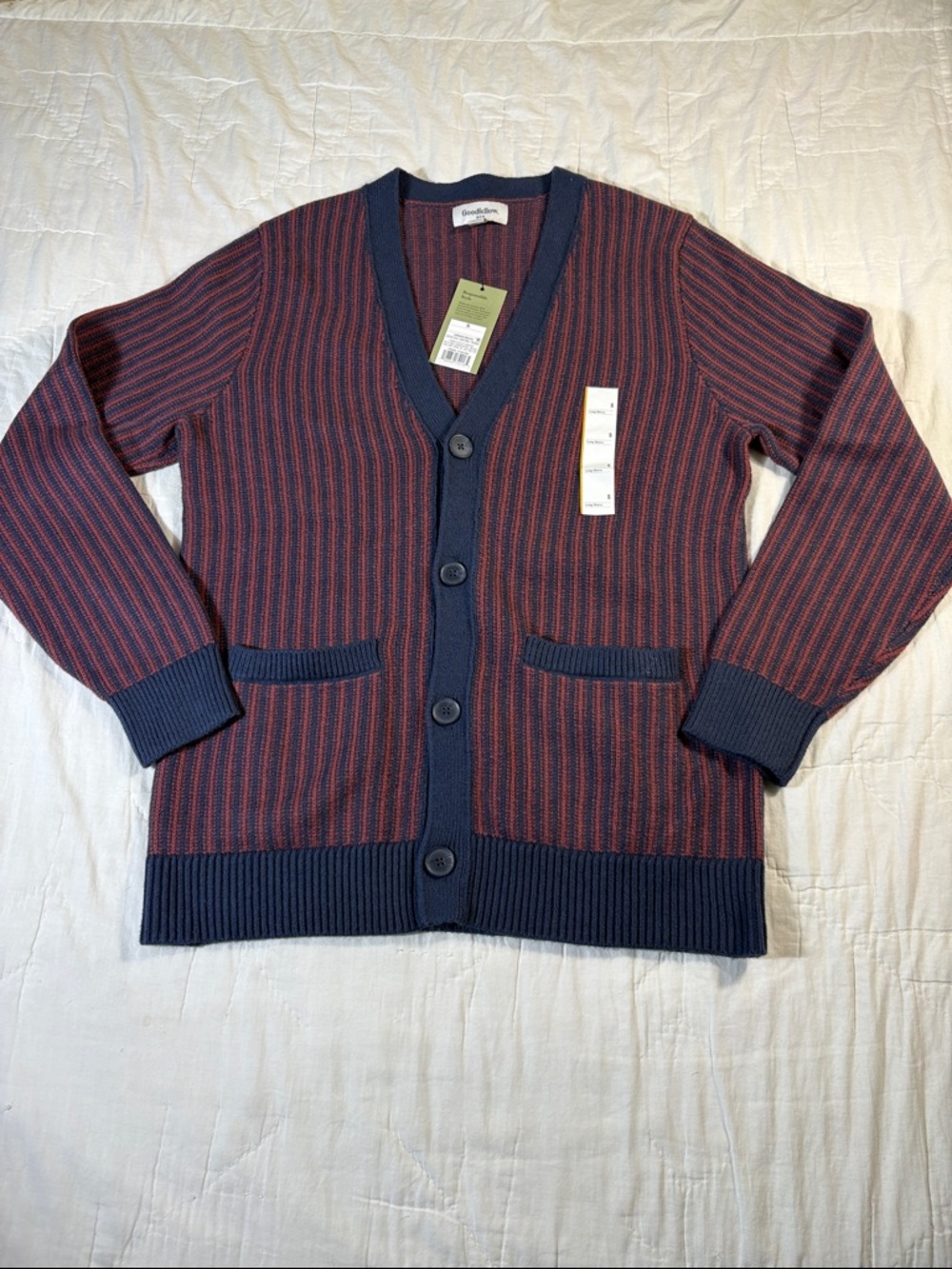 NWT Goodfellow & Co Men's Soft Knit V-Neck Cardigan - Navy & Red Striped